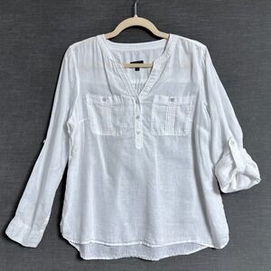 Talbots Top M Petite White Linen Popover Tunic Roll Tab Beach Coastal Nautical